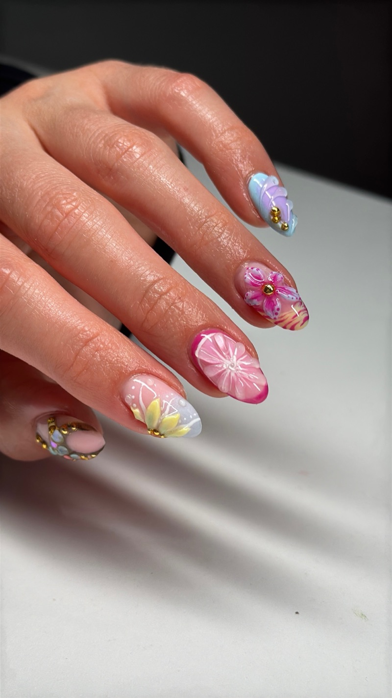Pastel nails with pink and yellow flower art