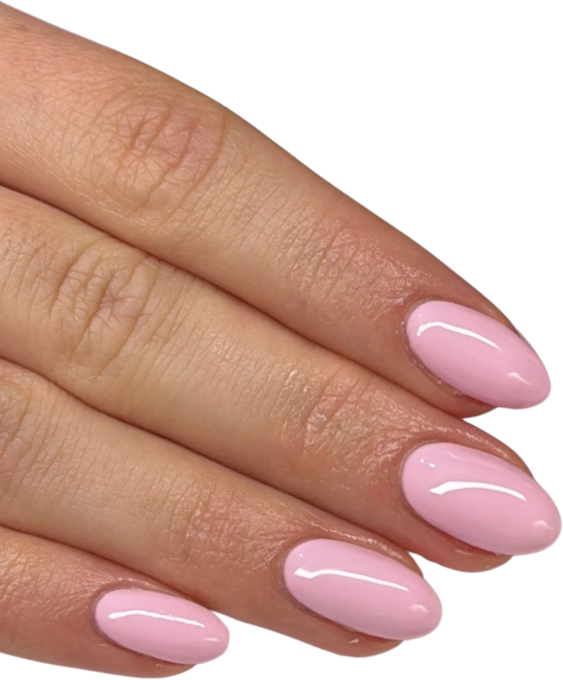 Clean baby-pink glossy almond nails
