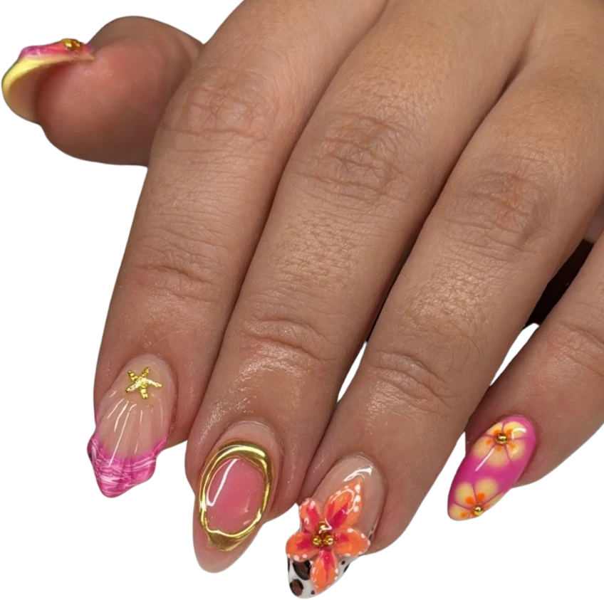 Pink and orange aura nails with gold wire and 3D flowers