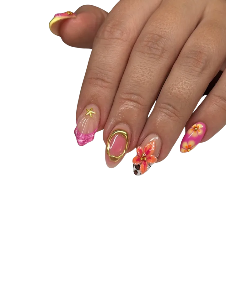 Pink and orange nails with 3D flowers and gold details