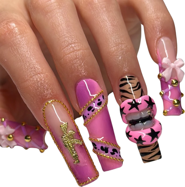 Long pink coffin nails with stars, zebra print, 3D bows and gems