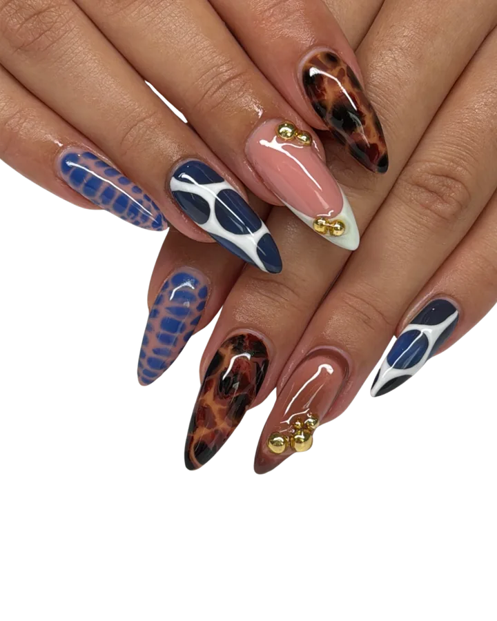 Tortoiseshell and cobalt blue abstract nail art