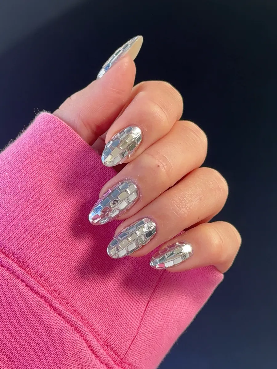 Silver mirror tile BIAB nails on almond shape